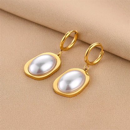 Retro Geometric Titanium Steel Inlay Artificial Pearls Drop Earrings 1 Pair