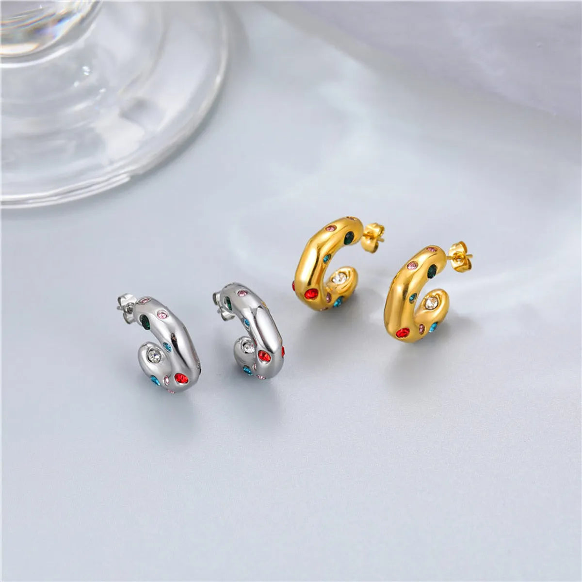 Retro Geometric Titanium Steel Plating Zircon Ear Studs 1 Pair