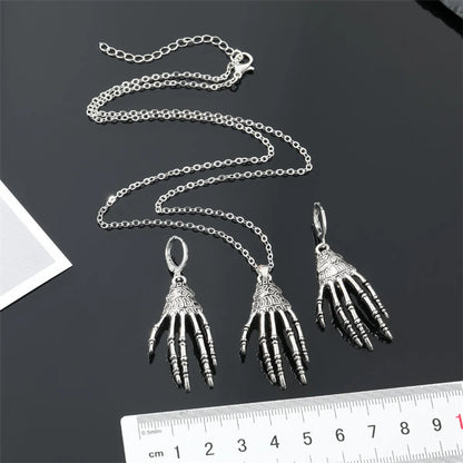 Retro Goth Punk Skull Palm Big Pendant Earrings Necklace