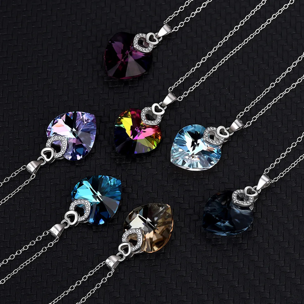 Retro Gradient Color Heart Shape Austrian Crystal Sterling Silver Women's Earrings Necklace