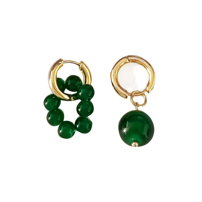 Retro Green Beaded Earrings Asymmetrical Round Earrings