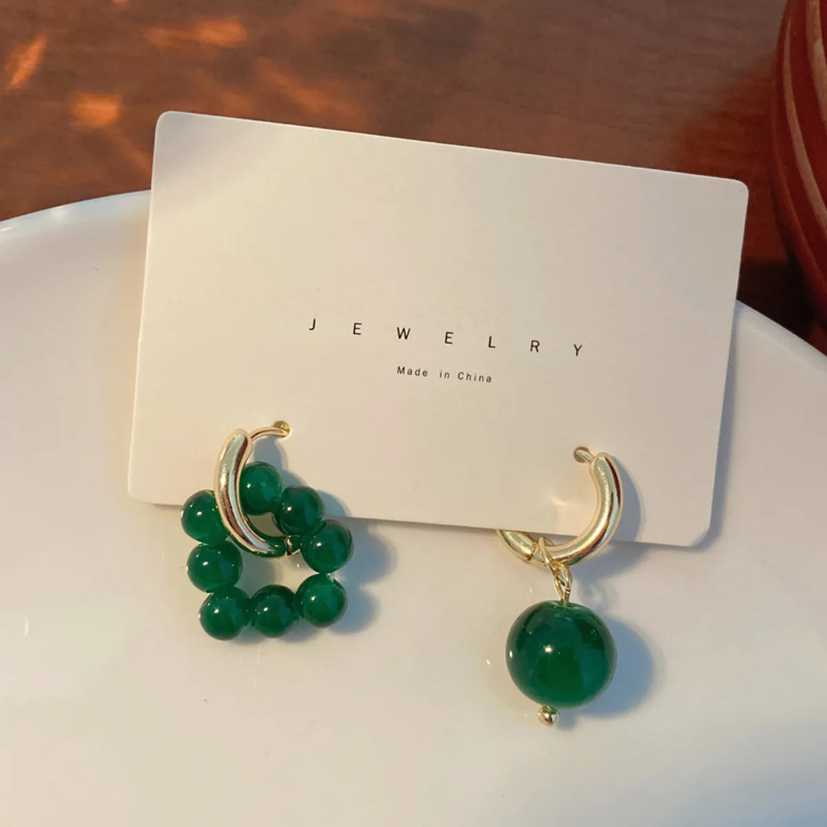 Retro Green Beaded Earrings Asymmetrical Round Earrings