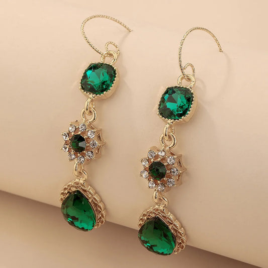 Retro Green Inlaid Rhinestone Water Drop Flower Ear Hook Wholesale Gooddiy