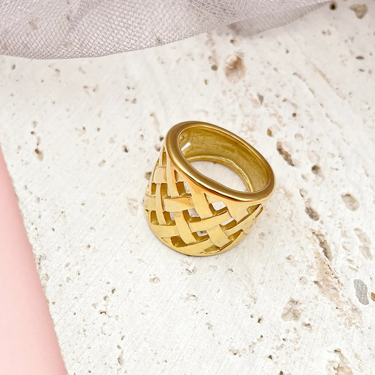 Retro Grid Stainless Steel Gold Plated Wide Band Ring In Bulk