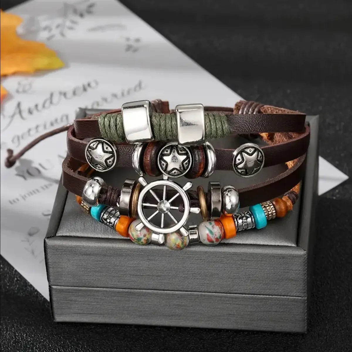 Retro Handmade Color Block Pu Leather Alloy Wooden Beads Beaded Handmade Braid Silver Plated Men's Drawstring Bracelets