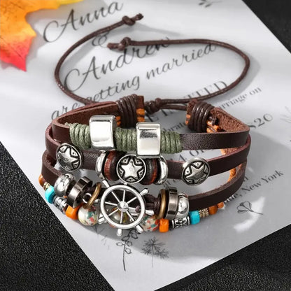 Retro Handmade Color Block Pu Leather Alloy Wooden Beads Beaded Handmade Braid Silver Plated Men's Drawstring Bracelets