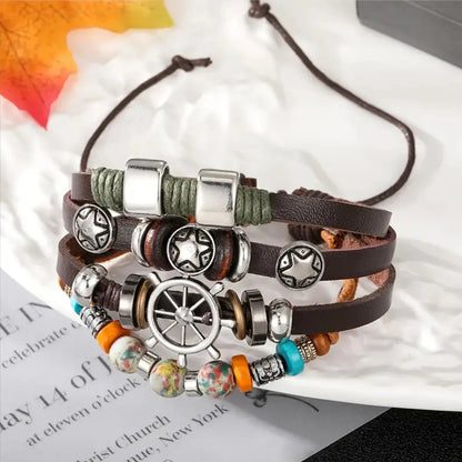 Retro Handmade Color Block Pu Leather Alloy Wooden Beads Beaded Handmade Braid Silver Plated Men's Drawstring Bracelets