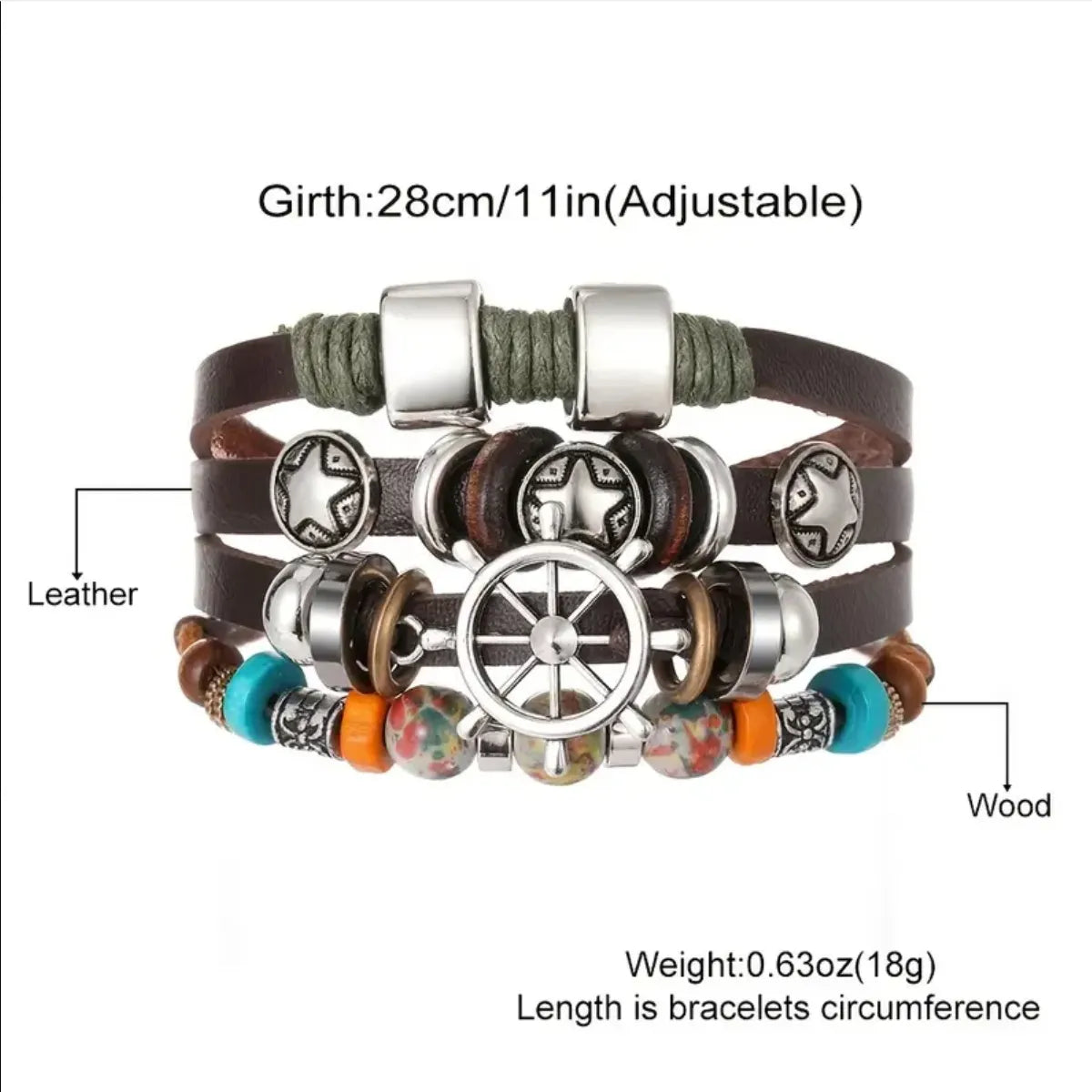 Retro Handmade Color Block Pu Leather Alloy Wooden Beads Beaded Handmade Braid Silver Plated Men's Drawstring Bracelets