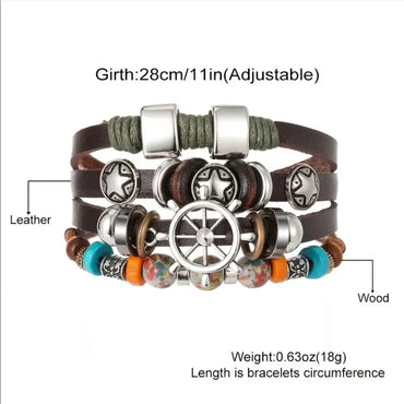 Retro Handmade Color Block Pu Leather Alloy Wooden Beads Beaded Handmade Braid Silver Plated Men's Drawstring Bracelets