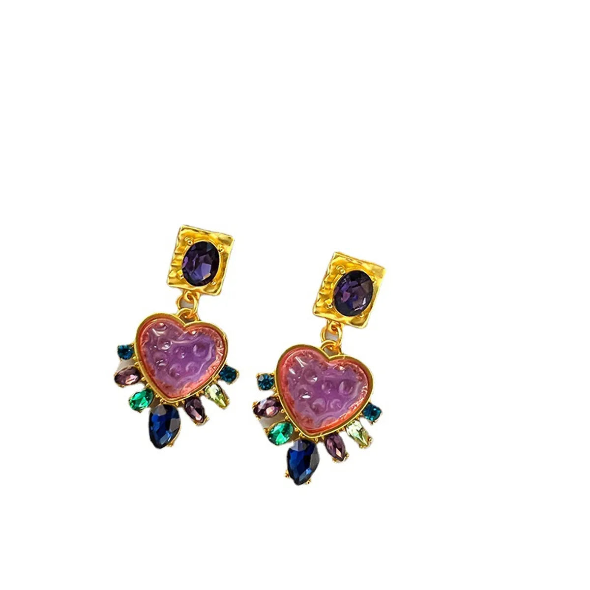 Retro Heart Shape Alloy Plating Inlay Artificial Gemstones Women'S Ear Studs