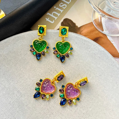 Retro Heart Shape Alloy Plating Inlay Artificial Gemstones Women'S Ear Studs