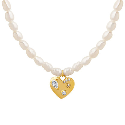 Retro Heart Shape Brass Inlay Artificial Pearls Zircon Pendant Necklace 1 Piece