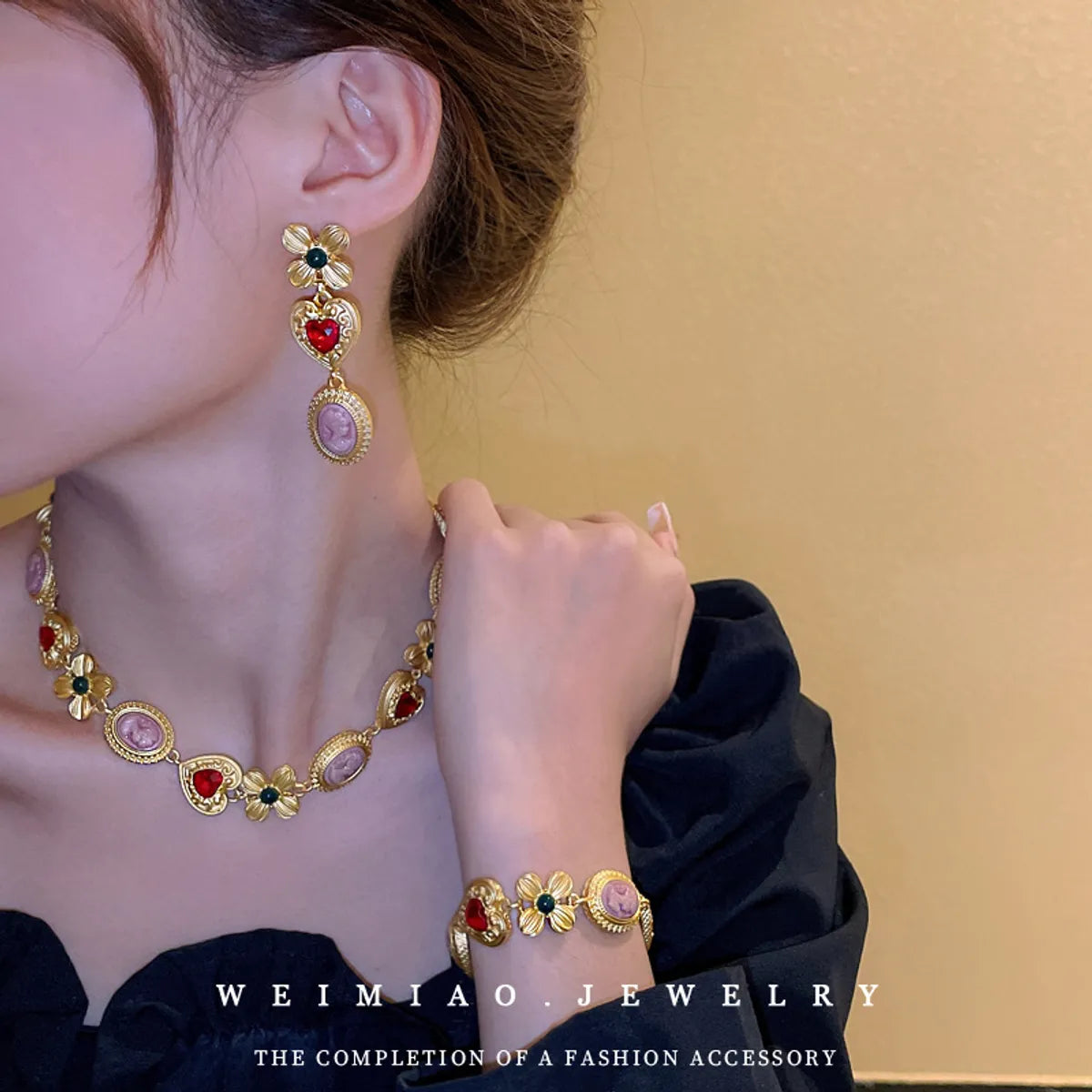 Retro Heart Shape Flower Metal Inlay Artificial Gemstones Women's Bracelets Earrings Necklace