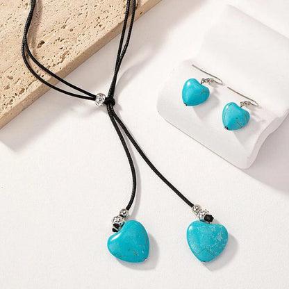 Retro Heart Shape Pu Leather Inlay Turquoise Women'S Jewelry Set