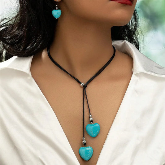 Retro Heart Shape Pu Leather Inlay Turquoise Women'S Jewelry Set