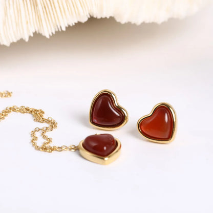 Stainless Steel Retro Plating Heart Shape Natural Stone Earrings Necklace