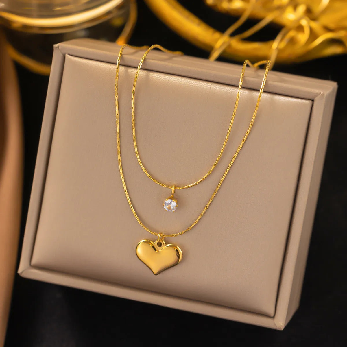 Retro Heart Shape Stainless Steel Titanium Steel Plating Inlay Zircon Layered Necklaces