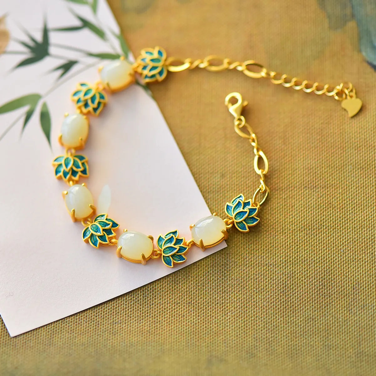 Retro Imitation Natural Jade Lotus Enamel Thick Frosted Copper Bracelet