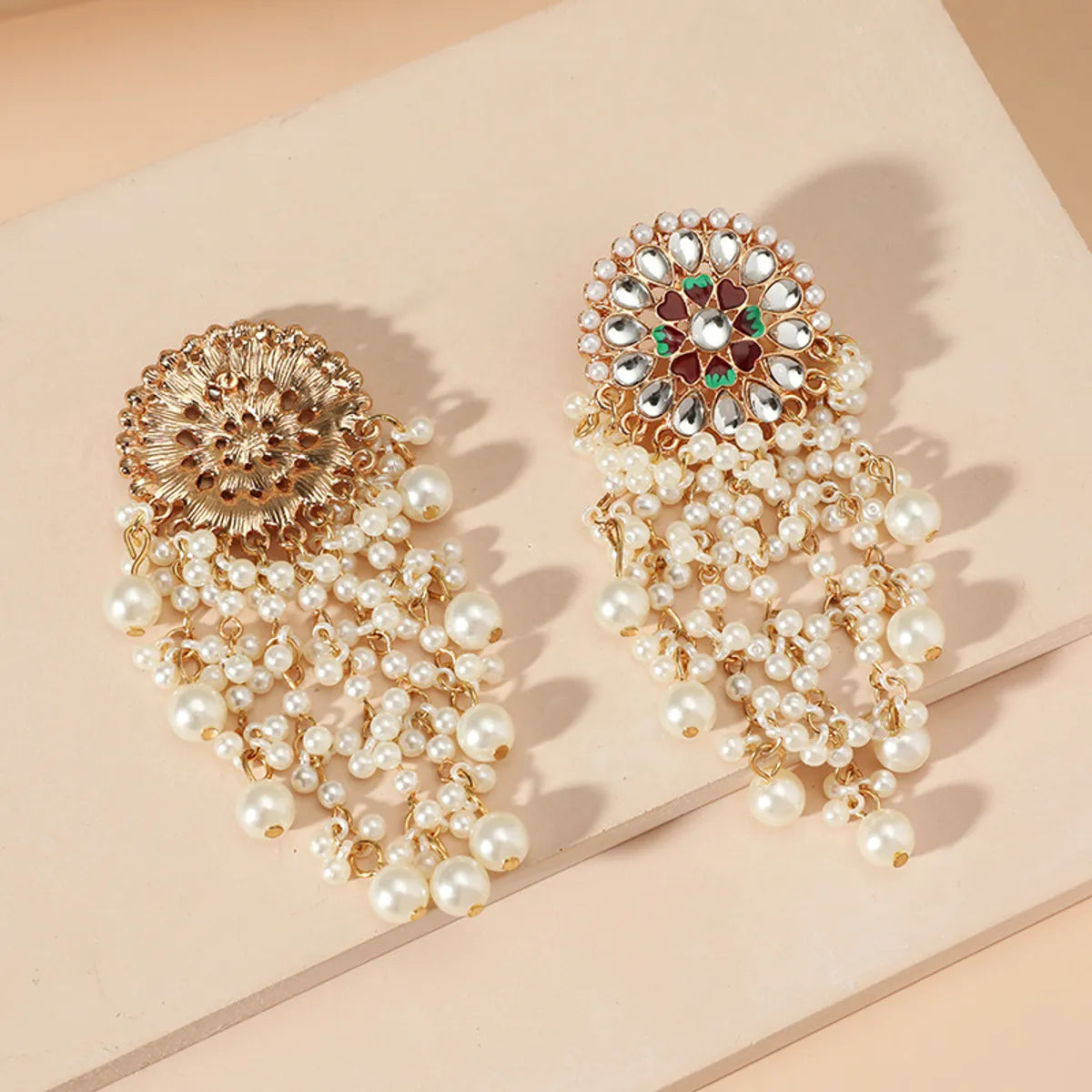 Fashion Retro Indian Exotic Ethnic Style Exaggerated Earrings European And American Court Style Diamond Pearl Tassel Earrings