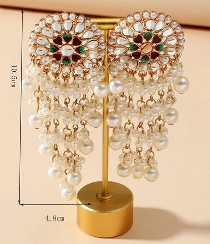 Fashion Retro Indian Exotic Ethnic Style Exaggerated Earrings European And American Court Style Diamond Pearl Tassel Earrings