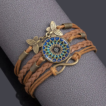 Retro Infinity Flower Butterfly Pu Leather Layered Inlay Glass Unisex Bangle