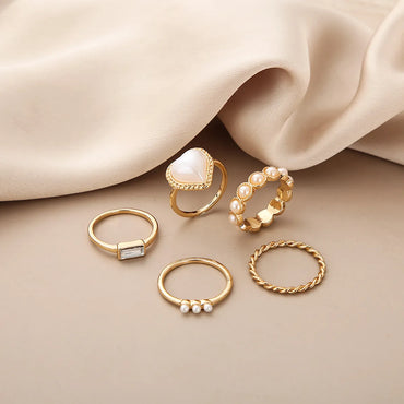 Retro Inlaid Pearl Peach Heart Joint Ring Set 5-Piece Set