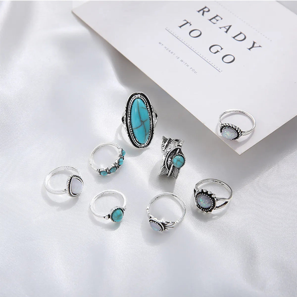 Retro Inlaid Turquoise Carved Feather Alloy Ring 8-piece Set