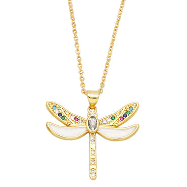 Retro Insect Dragonfly Copper Enamel Gold Plated Zircon Pendant Necklace 1 Piece