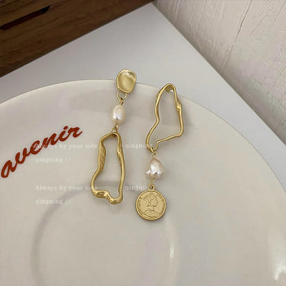 Retro Irregular Human Alloy Asymmetrical Pearl Women's Drop Earrings