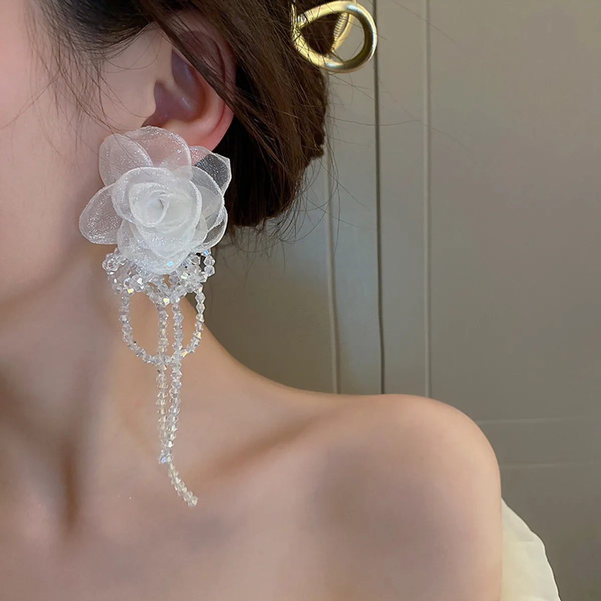 Retro Lace Mesh Flower Crystal Tassel Earrings Female Wholesale