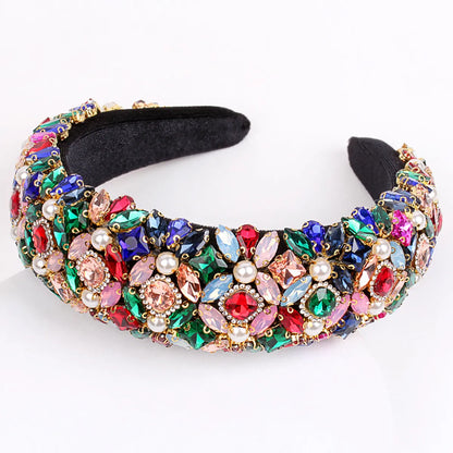 Retro Lady Flower Flannel Inlay Rhinestones Hair Band