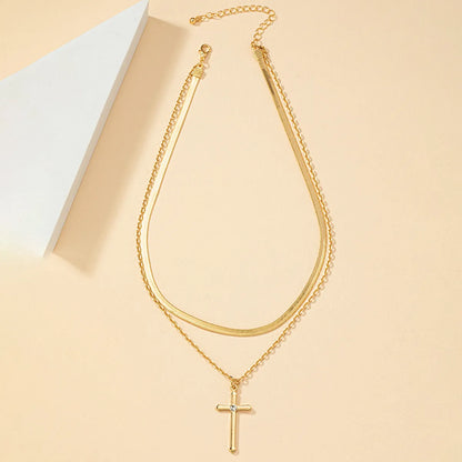 Retro Lady Streetwear Cross 14k Gold Plated Artificial Rhinestones Alloy Wholesale Double Layer Necklaces