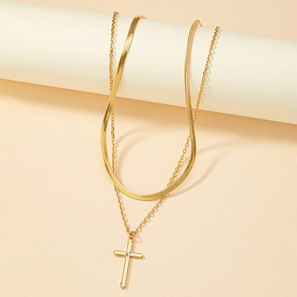 Retro Lady Streetwear Cross 14k Gold Plated Artificial Rhinestones Alloy Wholesale Double Layer Necklaces