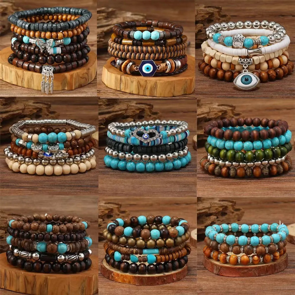 Retro Leaf Butterfly Alloy Wooden Beads Turquoise Wholesale Bracelets