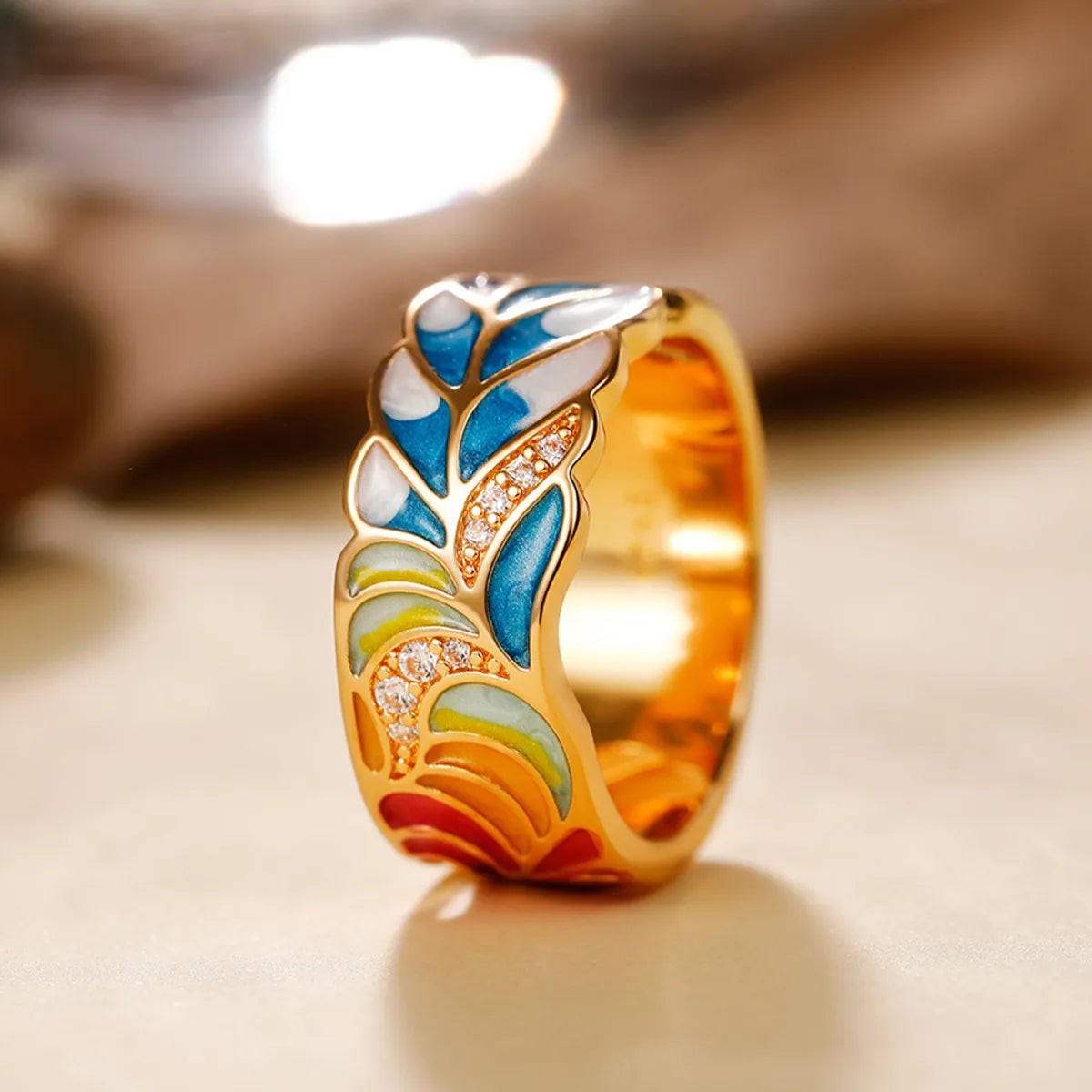 Retro Leaf Copper Enamel Zircon Rings