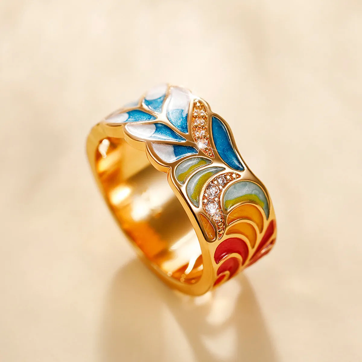 Retro Leaf Copper Enamel Zircon Rings