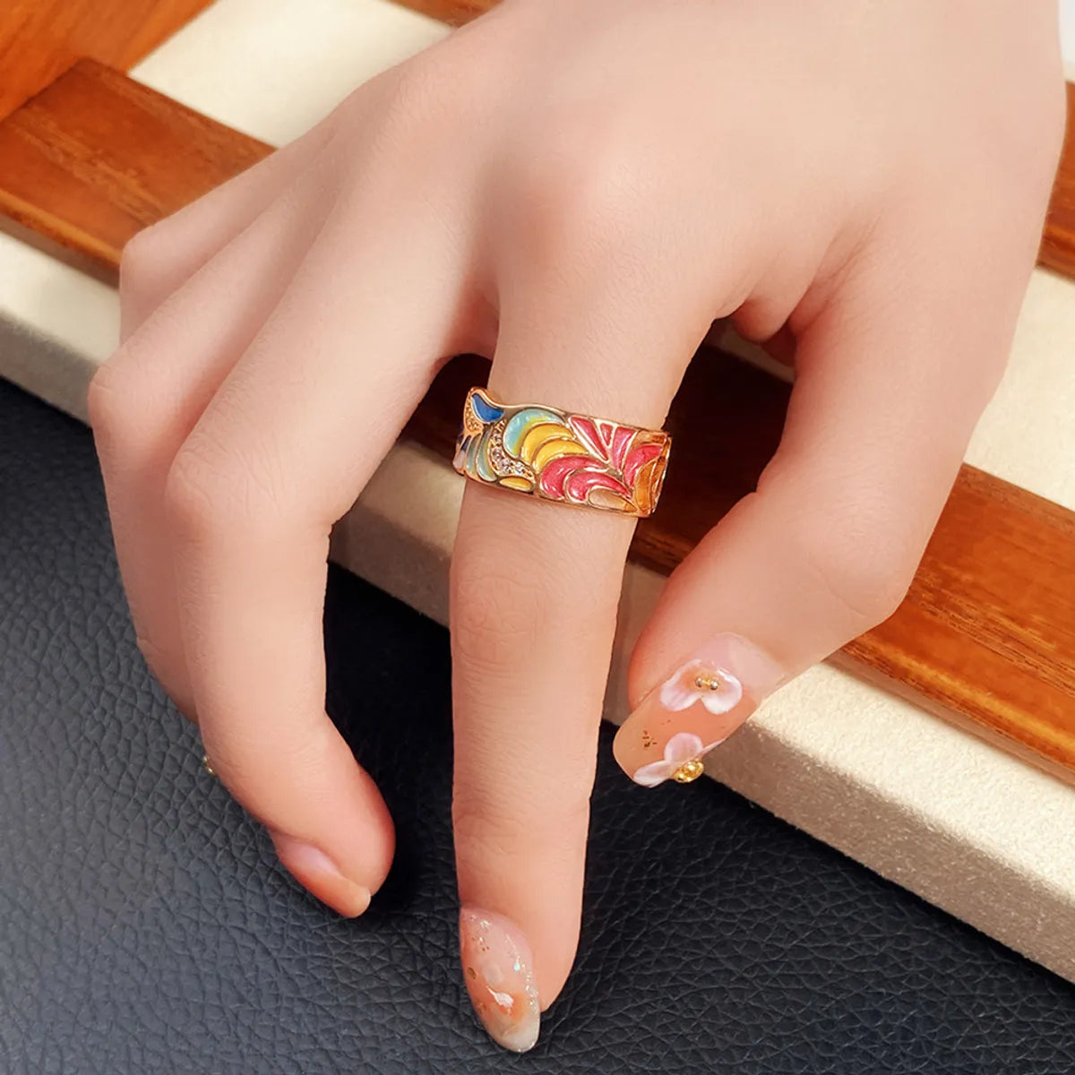 Retro Leaf Copper Enamel Zircon Rings