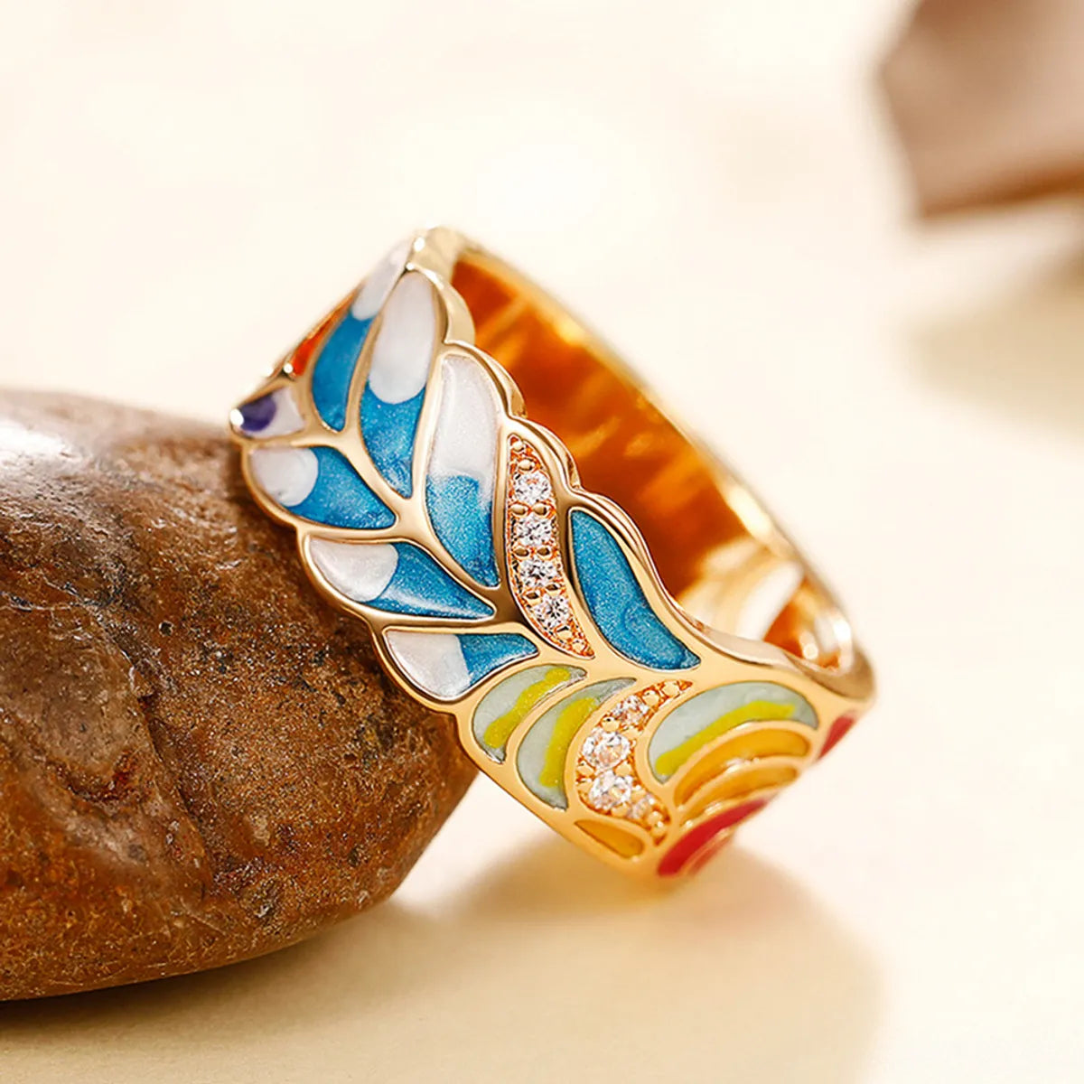 Retro Leaf Copper Enamel Zircon Rings