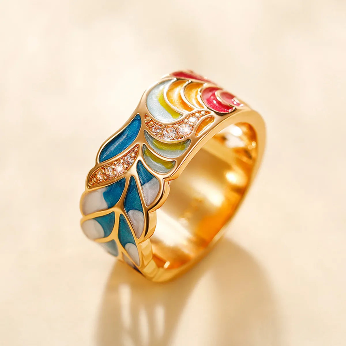 Retro Leaf Copper Enamel Zircon Rings