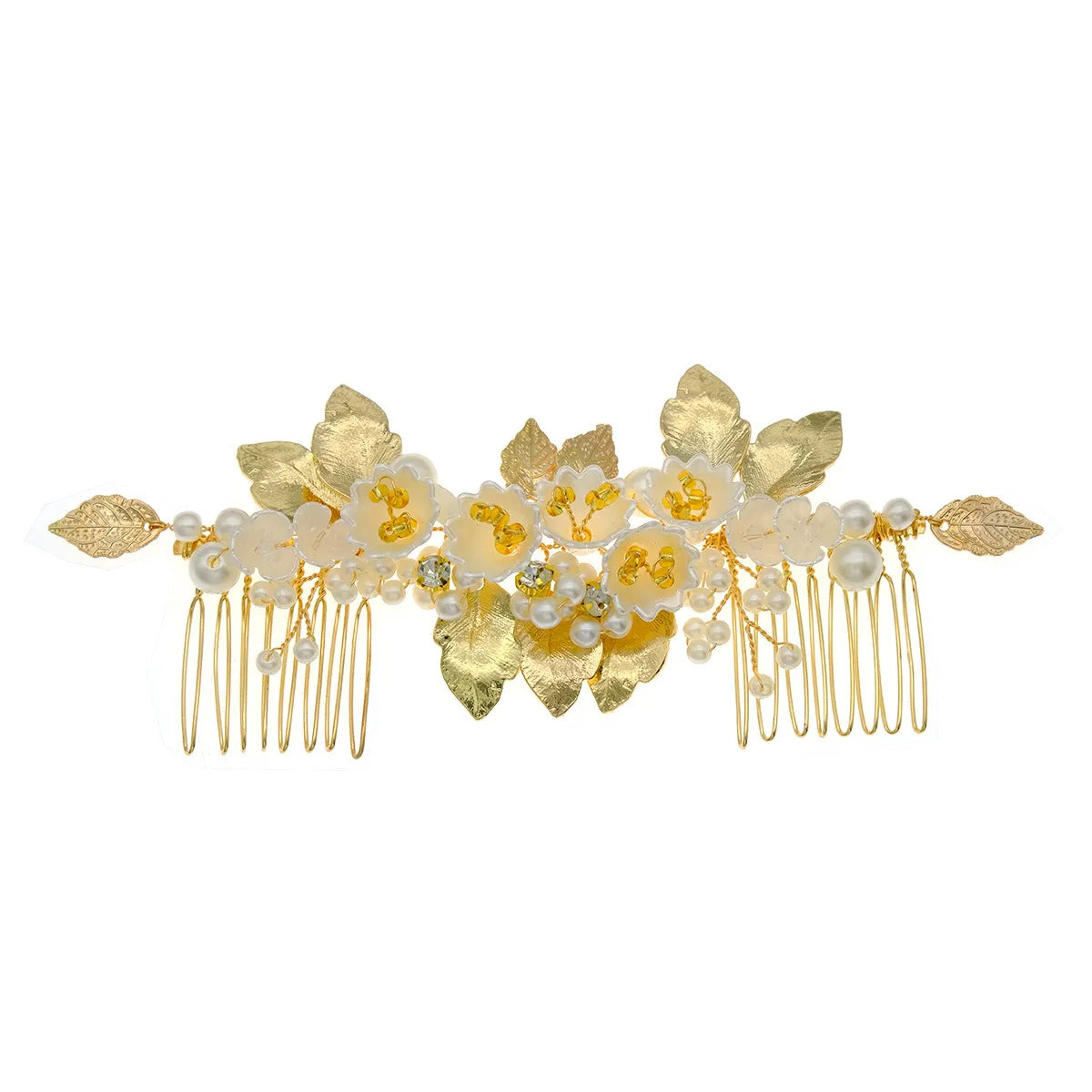 Retro Leaf Flower Alloy Pearl Plating Inlay Rhinestones Insert Comb