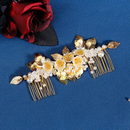 Retro Leaf Flower Alloy Pearl Plating Inlay Rhinestones Insert Comb