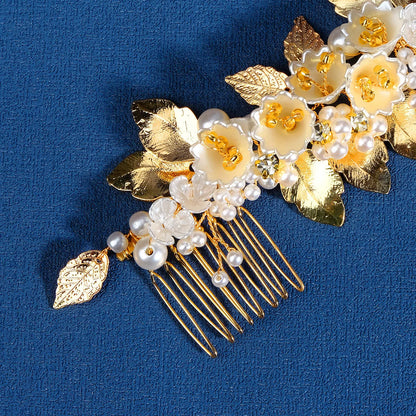 Retro Leaf Flower Alloy Pearl Plating Inlay Rhinestones Insert Comb