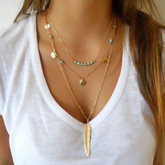 Retro Leaf Round Alloy Sequins Layered Beads Necklace