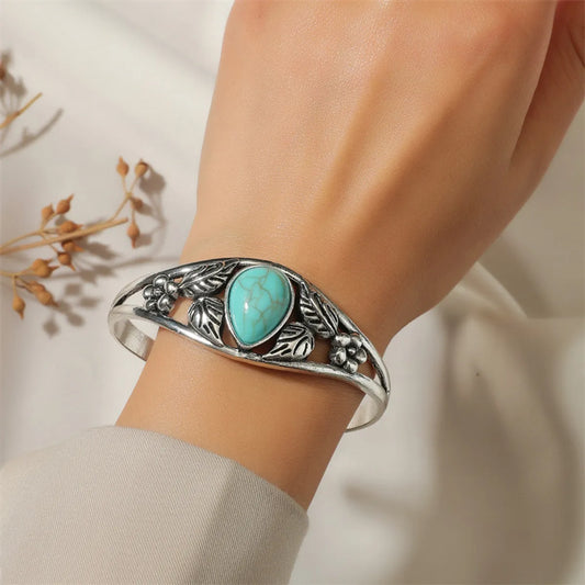 Retro Leaf Square Water Droplets Alloy Inlay Turquoise Women'S Nepal Bracelets