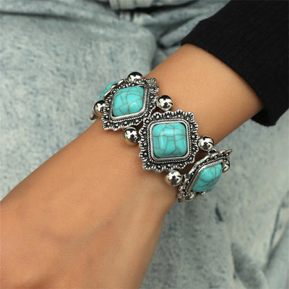 Retro Leaf Square Water Droplets Alloy Inlay Turquoise Women'S Nepal Bracelets