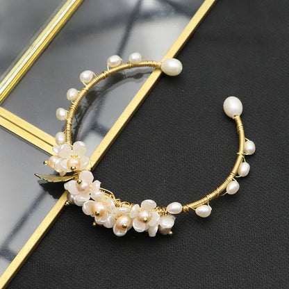 Retro Leaves Flower Freshwater Pearl Sterling Silver Plating 18k Gold Plated Bangle