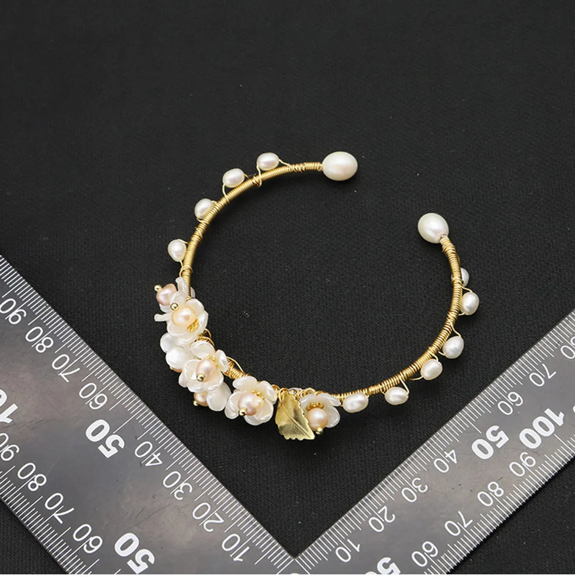 Retro Leaves Flower Freshwater Pearl Sterling Silver Plating 18k Gold Plated Bangle