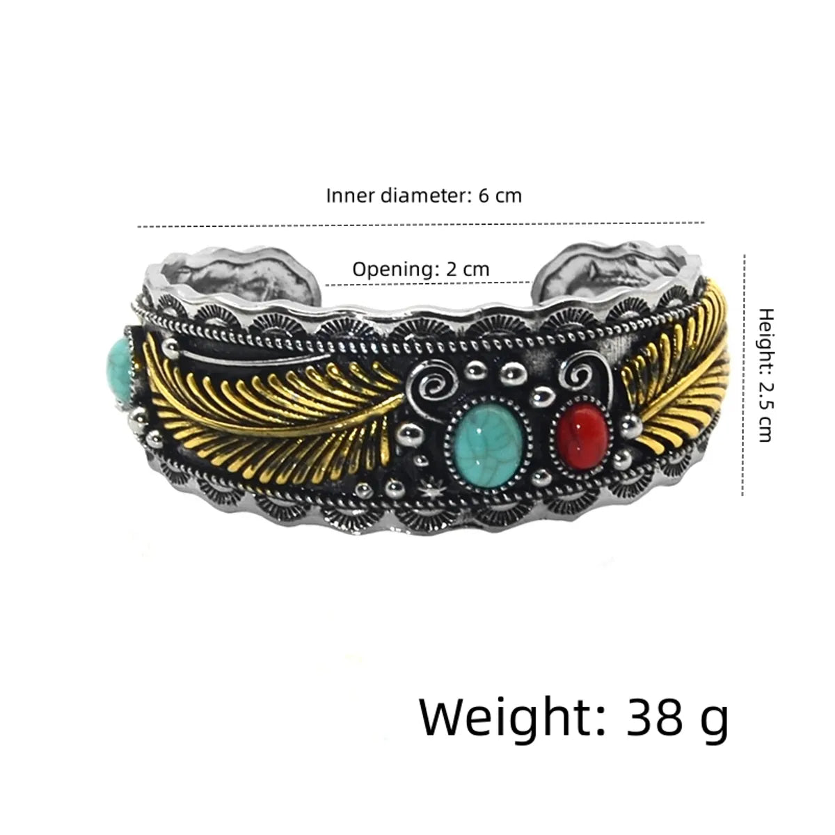 Retro Leaves Oval Ancient Silver-plated Plating Inlay Turquoise Women's Bangle