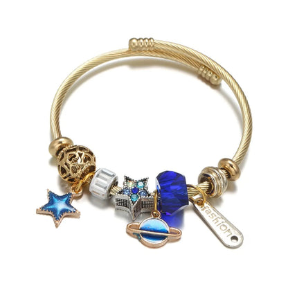 Retro Letter Star Moon Stainless Steel Alloy Resin Inlay Artificial Gemstones Unisex Bangle