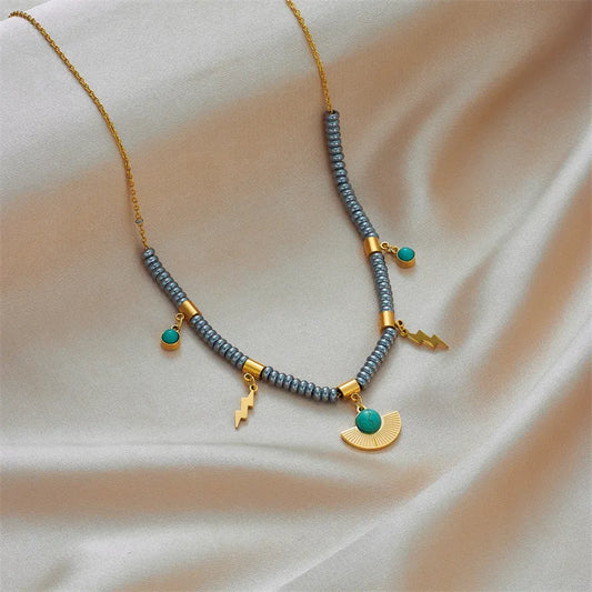 Retro Lightning Titanium Steel Inlay Turquoise Necklace